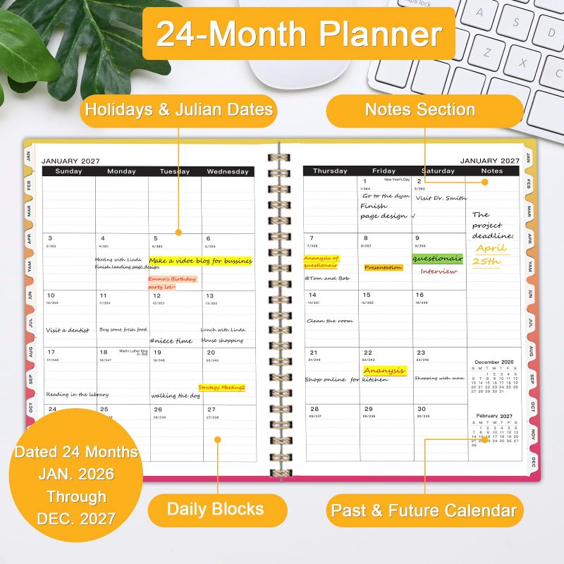 Ymumuda 2026 Monthly Planner - 2 Year Monthly Planner, JAN.2026 to DEC.2027, 8.5"" x 11"", Large Calendar with Spiral Bound, 24 Coated Tabs,24 Months Perfect for School & Office Schedule, Orange & Pink - Image 3